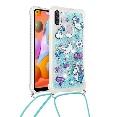 Coque Silicone Housse Etui Gel Bling-Bling avec Laniere Strap S02 pour Samsung Galaxy A11 Bleu Ciel