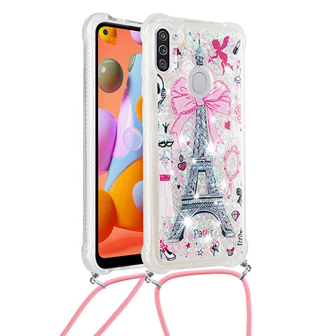 Coque Silicone Housse Etui Gel Bling-Bling avec Laniere Strap S02 pour Samsung Galaxy A11 Rose