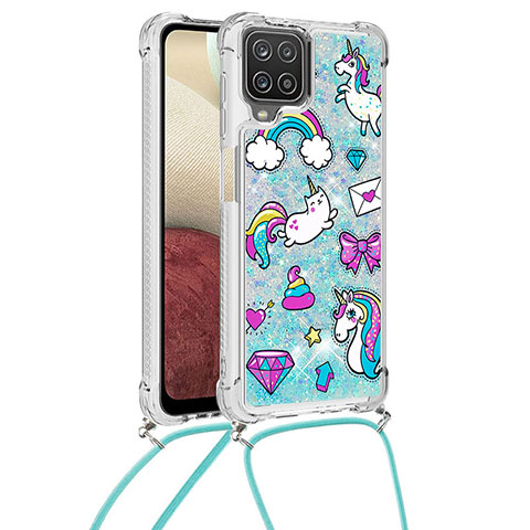 Coque Silicone Housse Etui Gel Bling-Bling avec Laniere Strap S02 pour Samsung Galaxy A12 5G Bleu Ciel