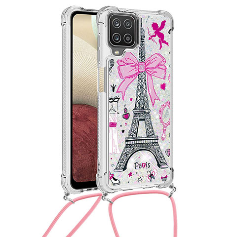Coque Silicone Housse Etui Gel Bling-Bling avec Laniere Strap S02 pour Samsung Galaxy A12 Rose