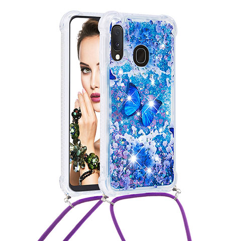 Coque Silicone Housse Etui Gel Bling-Bling avec Laniere Strap S02 pour Samsung Galaxy A20e Bleu