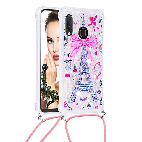 Coque Silicone Housse Etui Gel Bling-Bling avec Laniere Strap S02 pour Samsung Galaxy A20e Rose