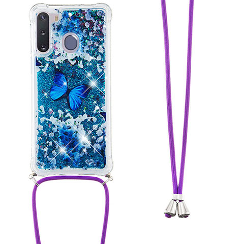 Coque Silicone Housse Etui Gel Bling-Bling avec Laniere Strap S02 pour Samsung Galaxy A21 European Bleu