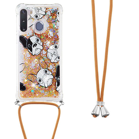 Coque Silicone Housse Etui Gel Bling-Bling avec Laniere Strap S02 pour Samsung Galaxy A21 European Or