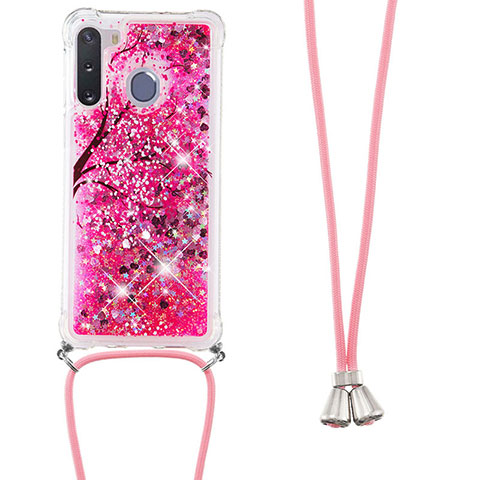 Coque Silicone Housse Etui Gel Bling-Bling avec Laniere Strap S02 pour Samsung Galaxy A21 European Rose Rouge