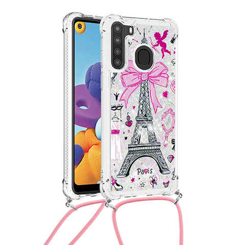 Coque Silicone Housse Etui Gel Bling-Bling avec Laniere Strap S02 pour Samsung Galaxy A21 Rose