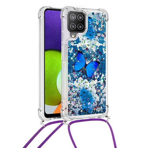 Coque Silicone Housse Etui Gel Bling-Bling avec Laniere Strap S02 pour Samsung Galaxy A22 4G Bleu