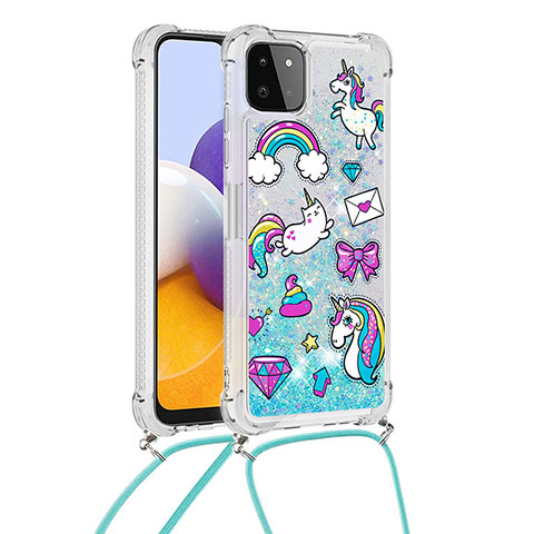 Coque Silicone Housse Etui Gel Bling-Bling avec Laniere Strap S02 pour Samsung Galaxy A22 5G Bleu Ciel