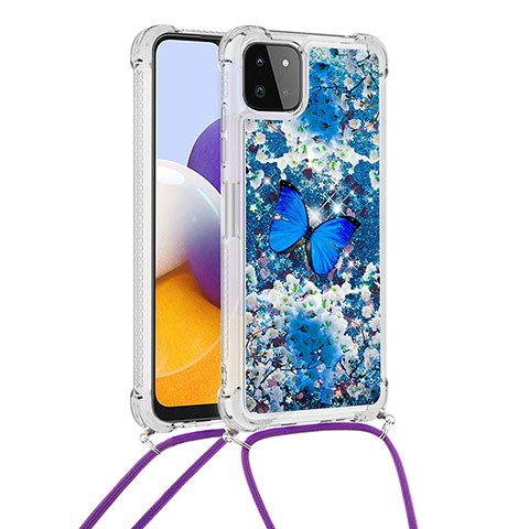 Coque Silicone Housse Etui Gel Bling-Bling avec Laniere Strap S02 pour Samsung Galaxy A22s 5G Bleu