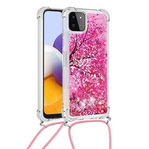 Coque Silicone Housse Etui Gel Bling-Bling avec Laniere Strap S02 pour Samsung Galaxy A22s 5G Rose Rouge