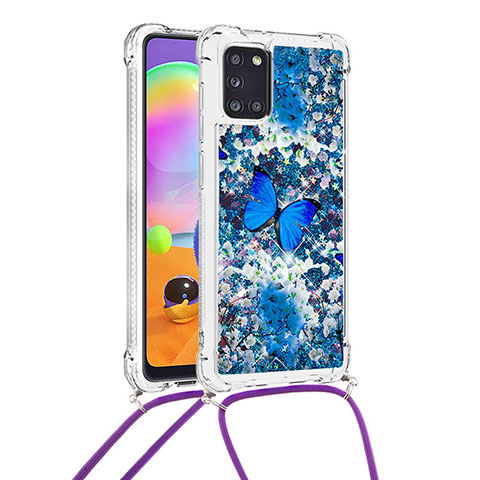 Coque Silicone Housse Etui Gel Bling-Bling avec Laniere Strap S02 pour Samsung Galaxy A31 Bleu