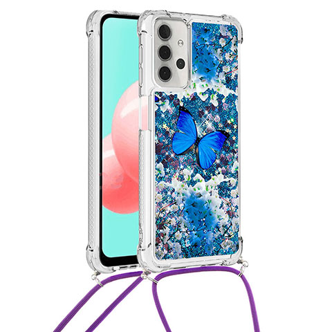 Coque Silicone Housse Etui Gel Bling-Bling avec Laniere Strap S02 pour Samsung Galaxy A32 4G Bleu