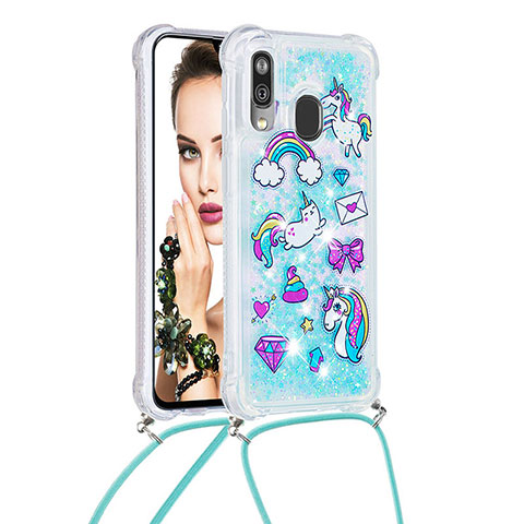 Coque Silicone Housse Etui Gel Bling-Bling avec Laniere Strap S02 pour Samsung Galaxy A40 Bleu Ciel