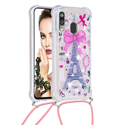 Coque Silicone Housse Etui Gel Bling-Bling avec Laniere Strap S02 pour Samsung Galaxy A40 Rose