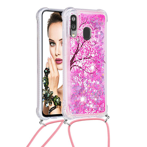 Coque Silicone Housse Etui Gel Bling-Bling avec Laniere Strap S02 pour Samsung Galaxy A40 Rose Rouge