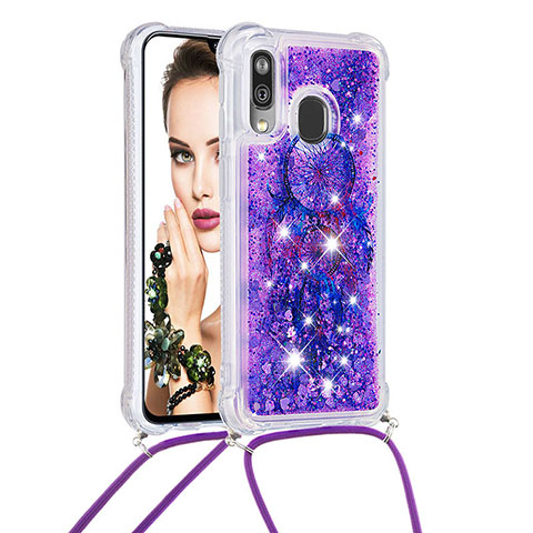 Coque Silicone Housse Etui Gel Bling-Bling avec Laniere Strap S02 pour Samsung Galaxy A40 Violet