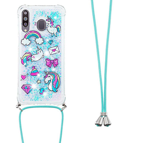 Coque Silicone Housse Etui Gel Bling-Bling avec Laniere Strap S02 pour Samsung Galaxy A40s Bleu Ciel