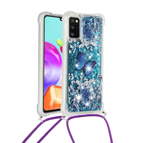 Coque Silicone Housse Etui Gel Bling-Bling avec Laniere Strap S02 pour Samsung Galaxy A41 Bleu