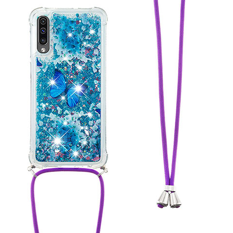 Coque Silicone Housse Etui Gel Bling-Bling avec Laniere Strap S02 pour Samsung Galaxy A50 Bleu