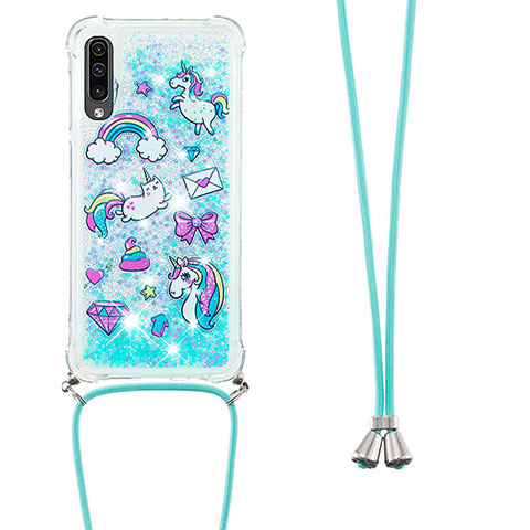 Coque Silicone Housse Etui Gel Bling-Bling avec Laniere Strap S02 pour Samsung Galaxy A50 Bleu Ciel