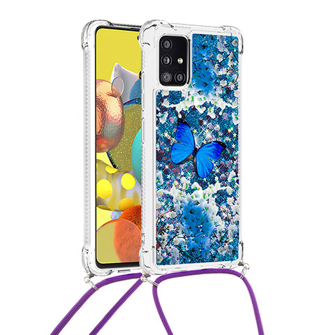 Coque Silicone Housse Etui Gel Bling-Bling avec Laniere Strap S02 pour Samsung Galaxy A51 4G Bleu