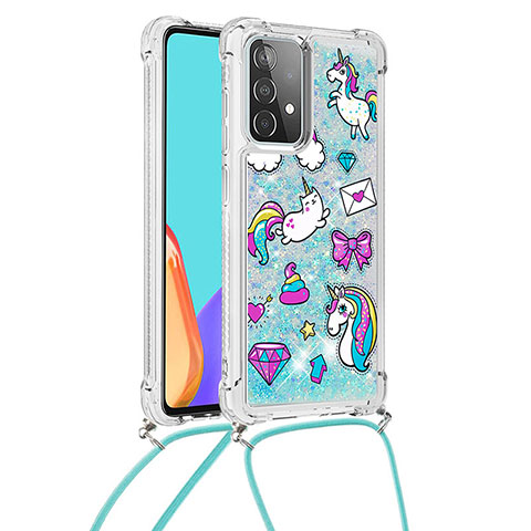 Coque Silicone Housse Etui Gel Bling-Bling avec Laniere Strap S02 pour Samsung Galaxy A52 4G Bleu Ciel