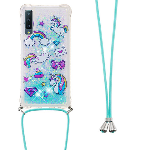 Coque Silicone Housse Etui Gel Bling-Bling avec Laniere Strap S02 pour Samsung Galaxy A7 (2018) A750 Bleu Ciel