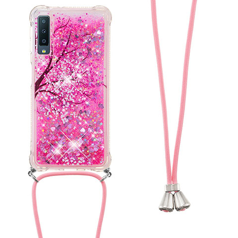 Coque Silicone Housse Etui Gel Bling-Bling avec Laniere Strap S02 pour Samsung Galaxy A7 (2018) A750 Rose Rouge