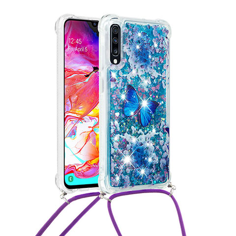 Coque Silicone Housse Etui Gel Bling-Bling avec Laniere Strap S02 pour Samsung Galaxy A70 Bleu