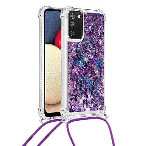 Coque Silicone Housse Etui Gel Bling-Bling avec Laniere Strap S02 pour Samsung Galaxy M02s Violet