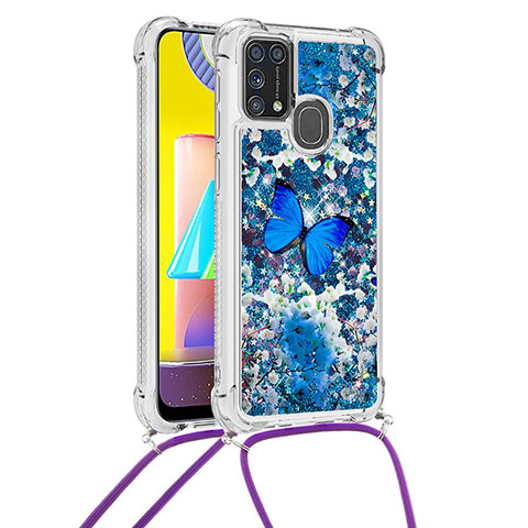 Coque Silicone Housse Etui Gel Bling-Bling avec Laniere Strap S02 pour Samsung Galaxy M21s Bleu