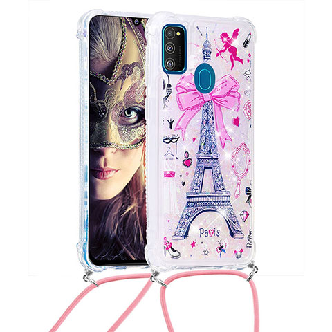 Coque Silicone Housse Etui Gel Bling-Bling avec Laniere Strap S02 pour Samsung Galaxy M30s Rose