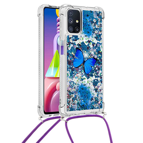 Coque Silicone Housse Etui Gel Bling-Bling avec Laniere Strap S02 pour Samsung Galaxy M51 Bleu