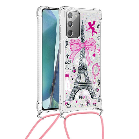 Coque Silicone Housse Etui Gel Bling-Bling avec Laniere Strap S02 pour Samsung Galaxy Note 20 5G Rose