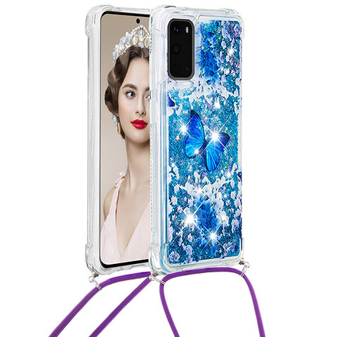 Coque Silicone Housse Etui Gel Bling-Bling avec Laniere Strap S02 pour Samsung Galaxy S20 5G Bleu