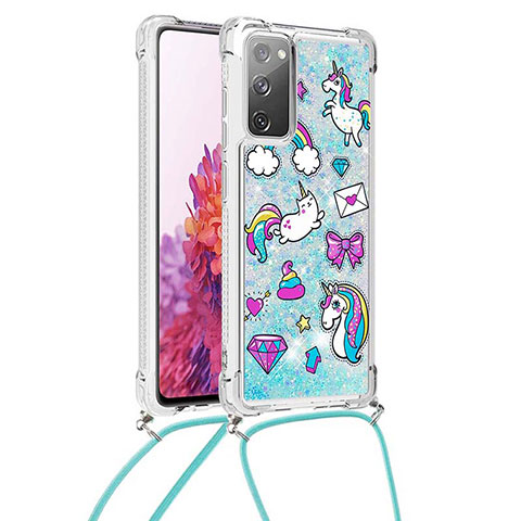 Coque Silicone Housse Etui Gel Bling-Bling avec Laniere Strap S02 pour Samsung Galaxy S20 FE 4G Bleu Ciel