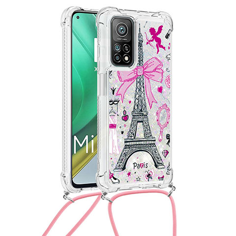 Coque Silicone Housse Etui Gel Bling-Bling avec Laniere Strap S02 pour Xiaomi Mi 10T 5G Rose