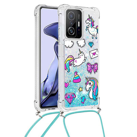 Coque Silicone Housse Etui Gel Bling-Bling avec Laniere Strap S02 pour Xiaomi Mi 11T 5G Bleu Ciel