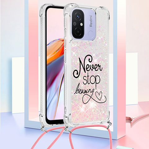 Coque Silicone Housse Etui Gel Bling-Bling avec Laniere Strap S02 pour Xiaomi Poco C55 Or Rose