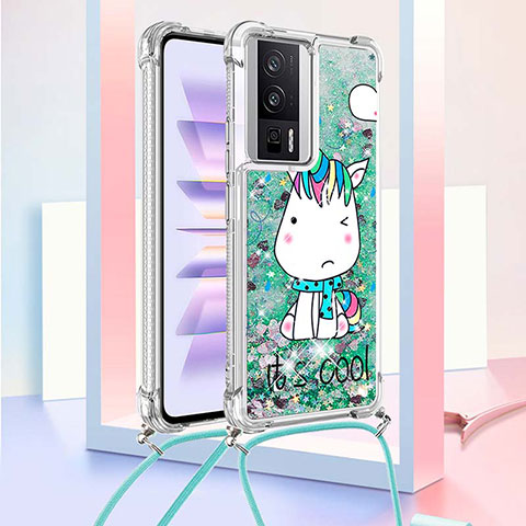 Coque Silicone Housse Etui Gel Bling-Bling avec Laniere Strap S02 pour Xiaomi Poco F5 Pro 5G Vert