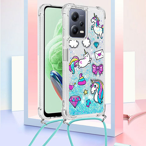 Coque Silicone Housse Etui Gel Bling-Bling avec Laniere Strap S02 pour Xiaomi Poco X5 5G Bleu Ciel