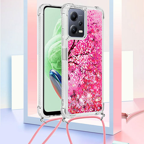 Coque Silicone Housse Etui Gel Bling-Bling avec Laniere Strap S02 pour Xiaomi Poco X5 5G Rose Rouge