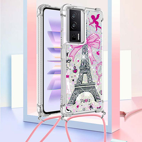 Coque Silicone Housse Etui Gel Bling-Bling avec Laniere Strap S02 pour Xiaomi Redmi K60 5G Rose