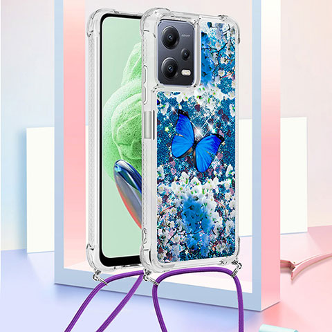 Coque Silicone Housse Etui Gel Bling-Bling avec Laniere Strap S02 pour Xiaomi Redmi Note 12 5G Bleu