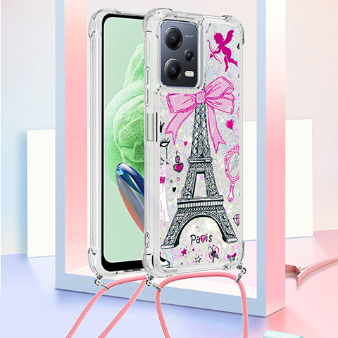 Coque Silicone Housse Etui Gel Bling-Bling avec Laniere Strap S02 pour Xiaomi Redmi Note 12 5G Or Rose