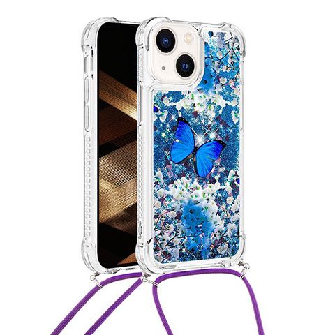 Coque Silicone Housse Etui Gel Bling-Bling avec Laniere Strap S03 pour Apple iPhone 14 Bleu