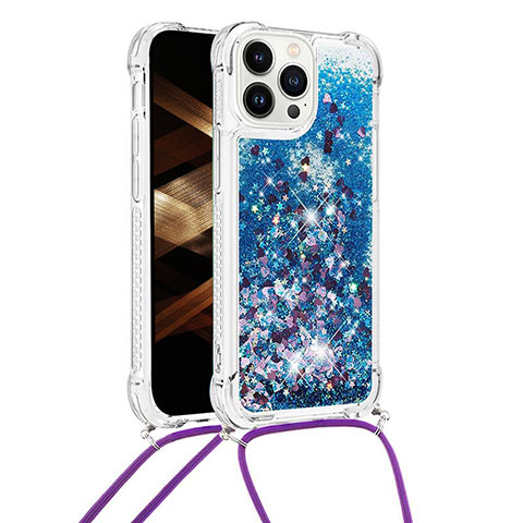 Coque Silicone Housse Etui Gel Bling-Bling avec Laniere Strap S03 pour Apple iPhone 14 Pro Bleu