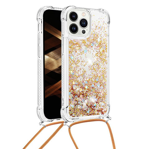 Coque Silicone Housse Etui Gel Bling-Bling avec Laniere Strap S03 pour Apple iPhone 14 Pro Max Or