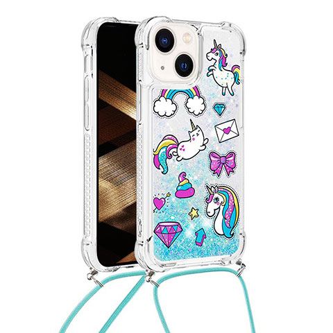 Coque Silicone Housse Etui Gel Bling-Bling avec Laniere Strap S03 pour Apple iPhone 15 Plus Bleu Clair