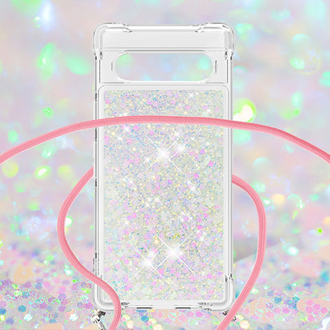 Coque Silicone Housse Etui Gel Bling-Bling avec Laniere Strap S03 pour Google Pixel 7a 5G Blanc